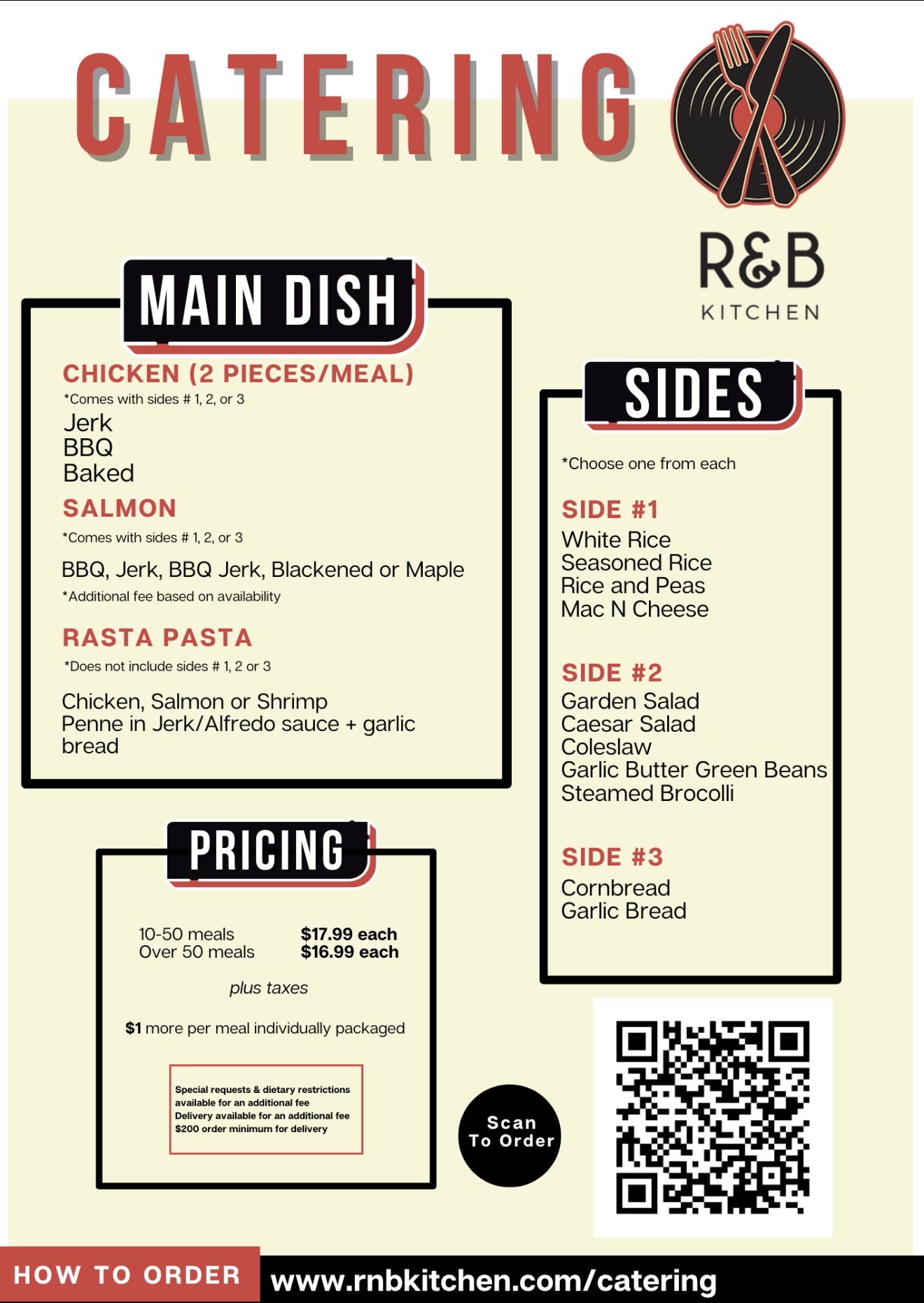 R&B Kitchen catering menu: chicken, salmon, rasta pasta mains; rice, salad and bread sides; pricing per meal